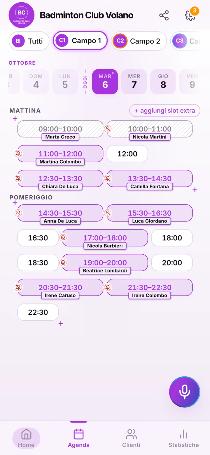 L’agenda del giorno di Badminton Club Volano, con gli orari occupati e quelli liberi