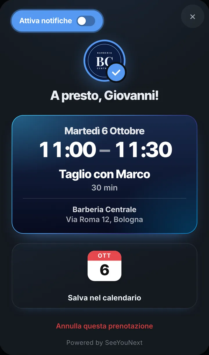 La conferma della prenotazione da Barberia Centrale, con servizio, giorno e ora