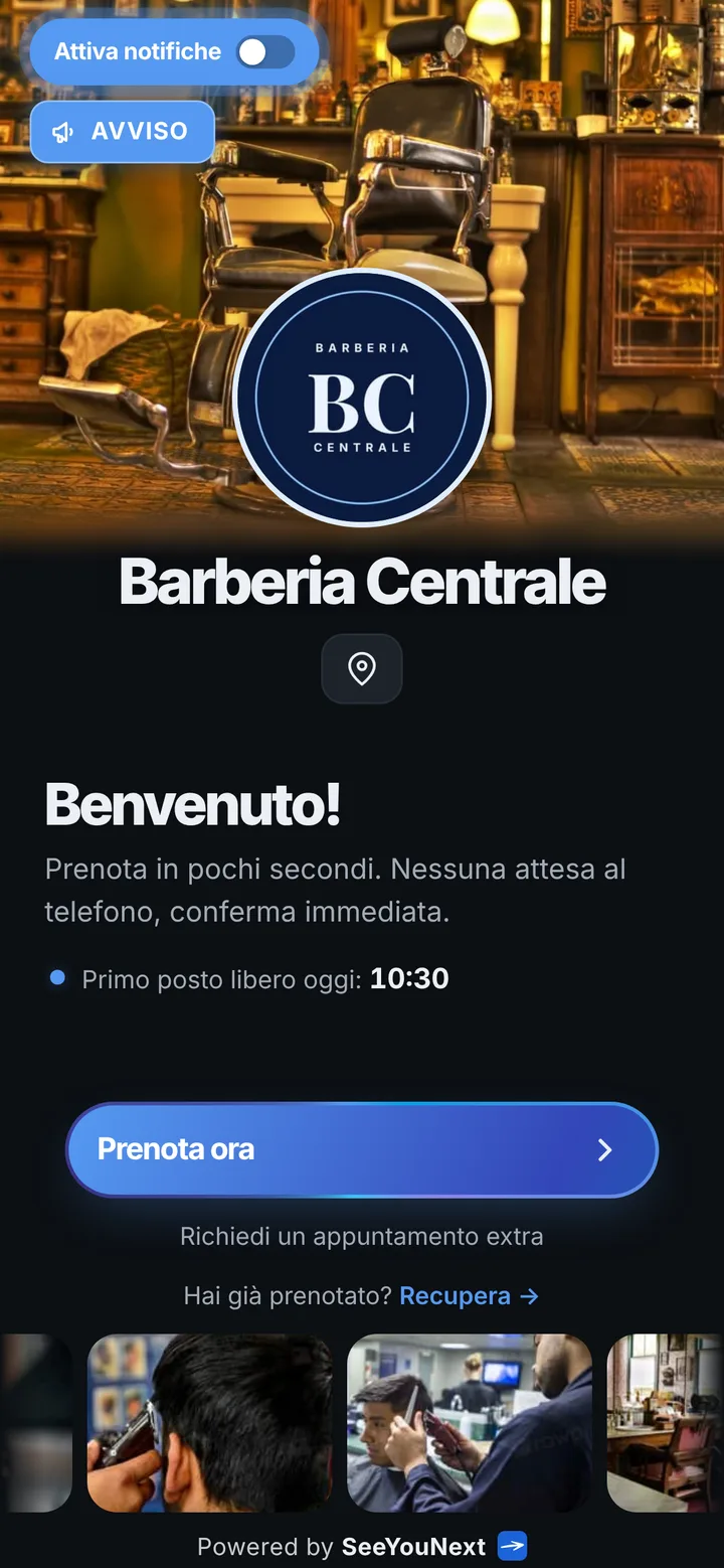 La pagina di prenotazione di Barberia Centrale, attività d’esempio, aperta dal telefono di un cliente
