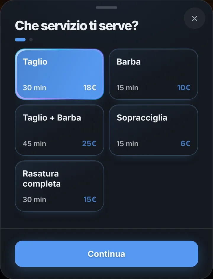La scelta del servizio da Barberia Centrale, con durata e prezzo