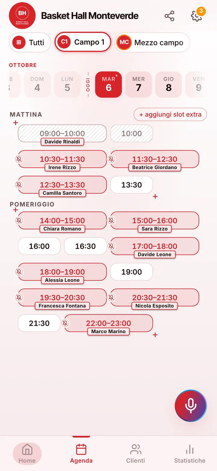 L’agenda del giorno di Basket Hall Monteverde, con gli orari occupati e quelli liberi