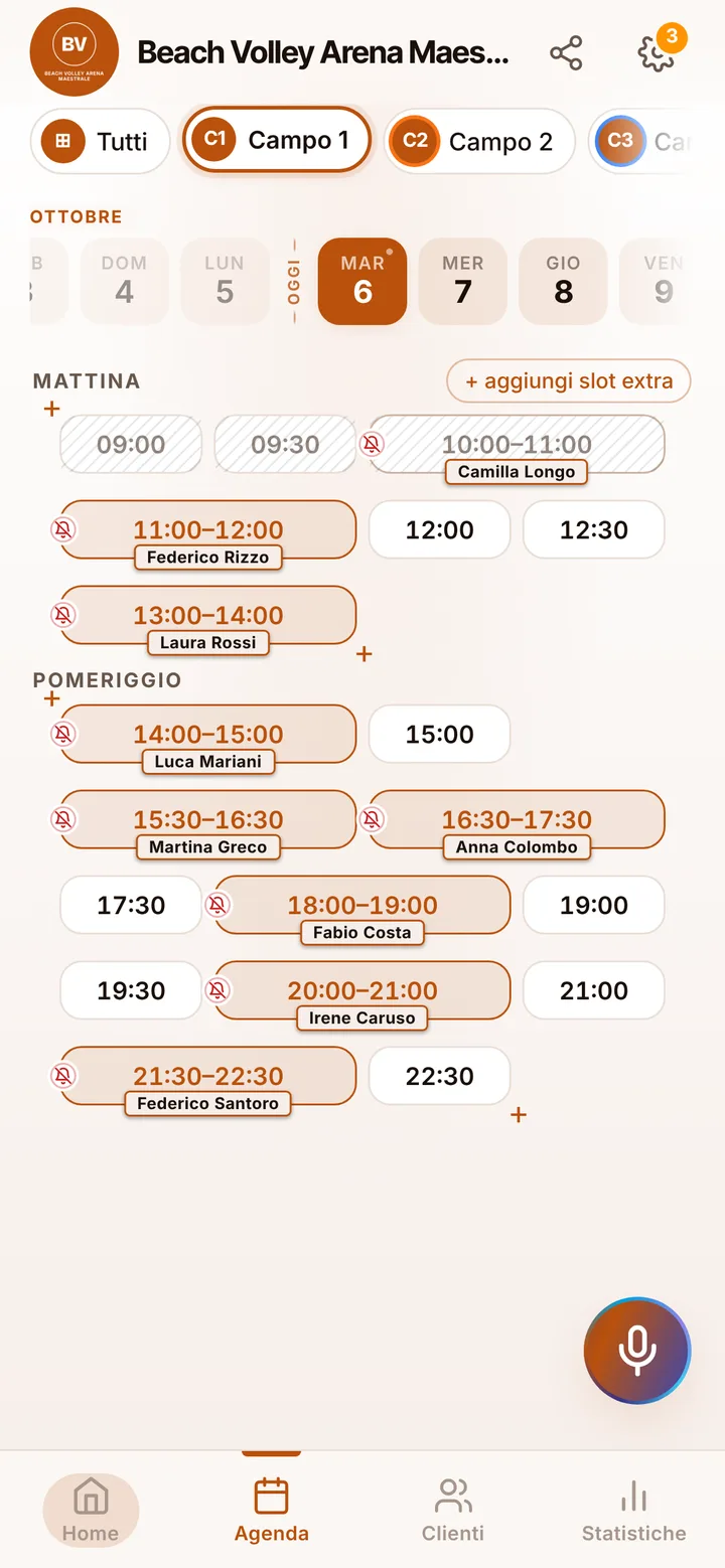L’agenda del giorno di Beach Volley Arena Maestrale, con gli orari occupati e quelli liberi