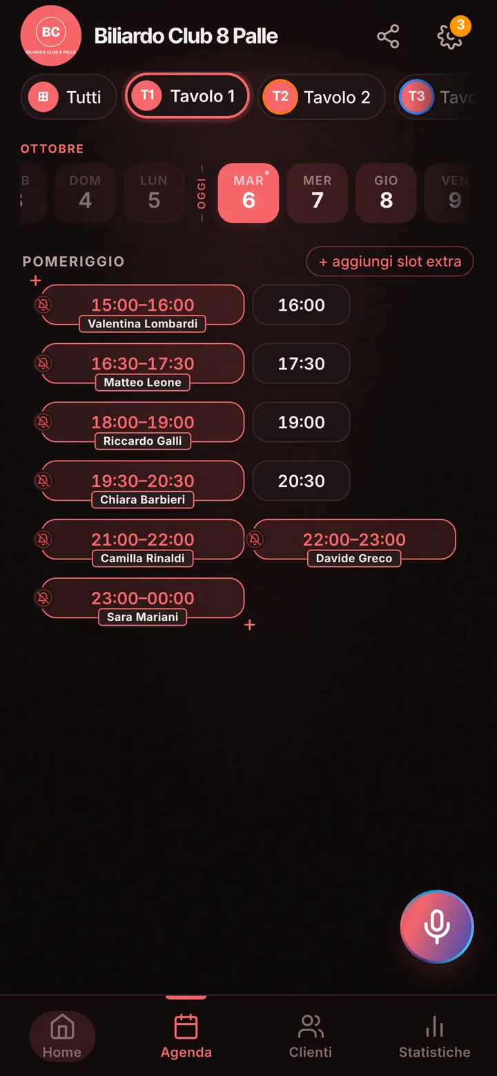 L’agenda del giorno di Biliardo Club 8 Palle, con gli orari occupati e quelli liberi