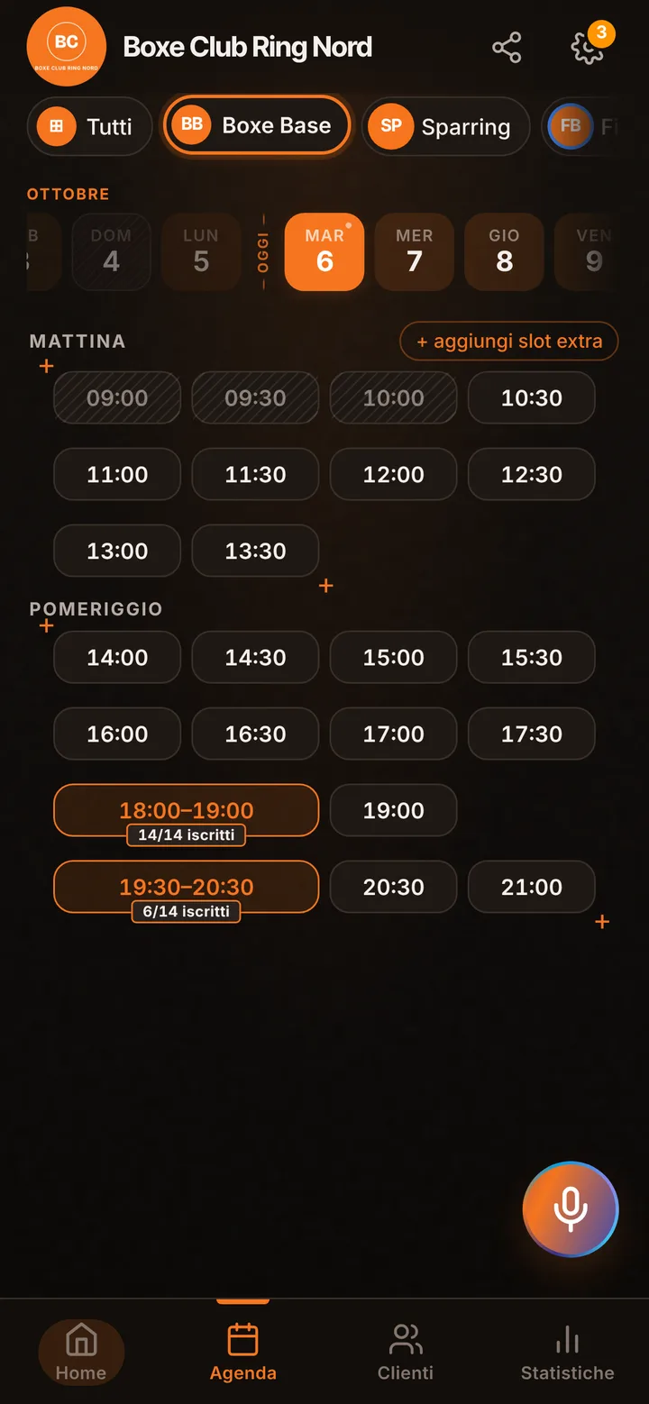 L’agenda del giorno di Boxe Club Ring Nord, con gli orari occupati e quelli liberi