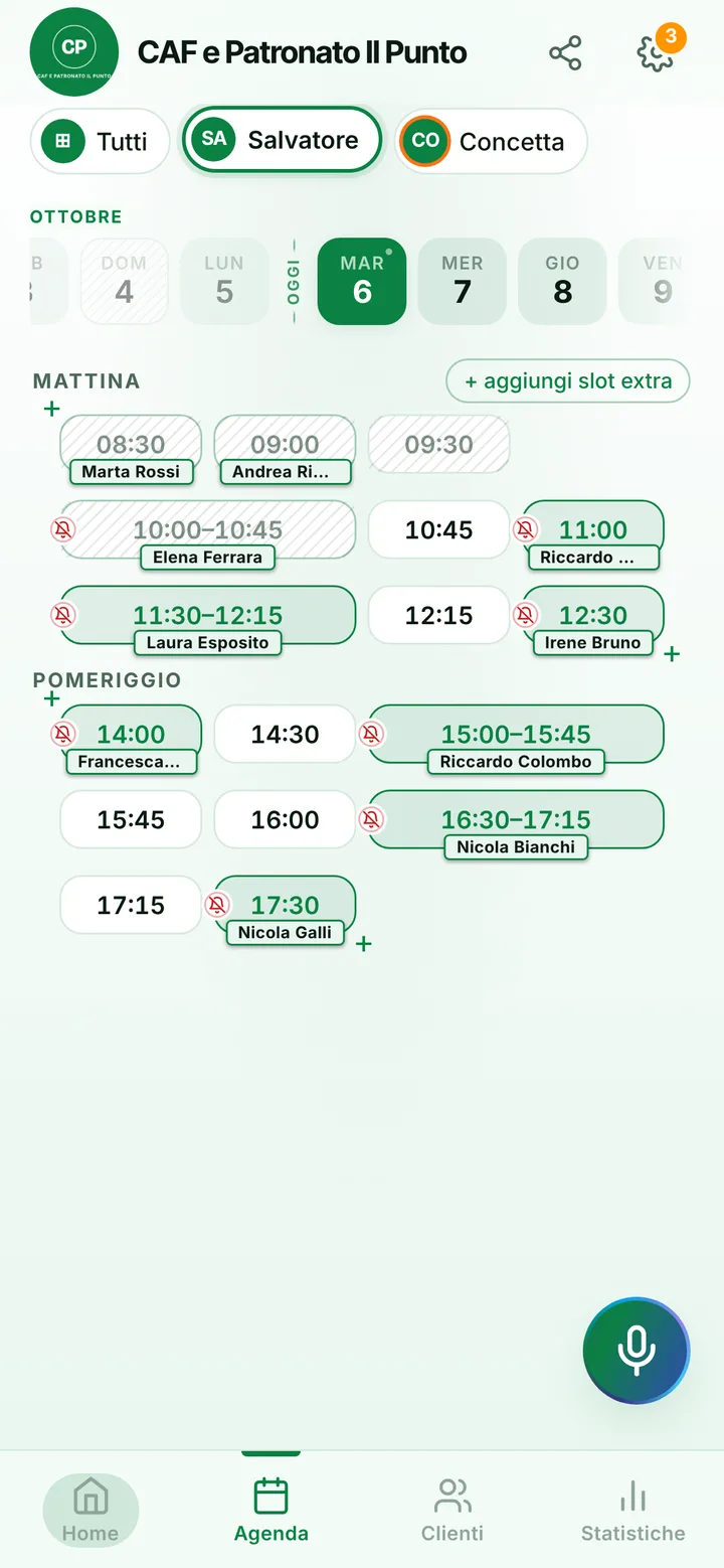 L’agenda del giorno di CAF e Patronato Il Punto, con gli orari occupati e quelli liberi