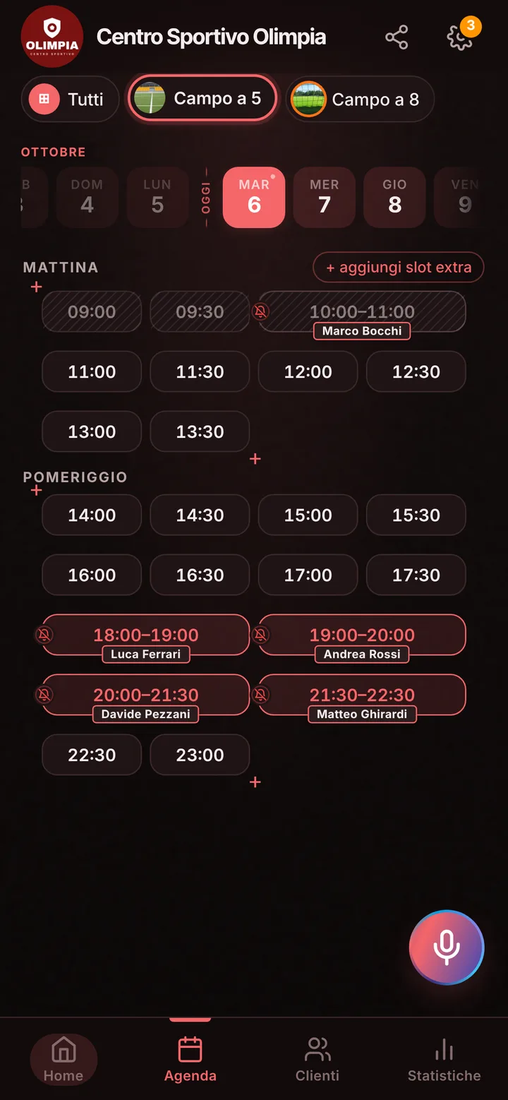 L’agenda del giorno di Centro Sportivo Olimpia, con gli orari occupati e quelli liberi