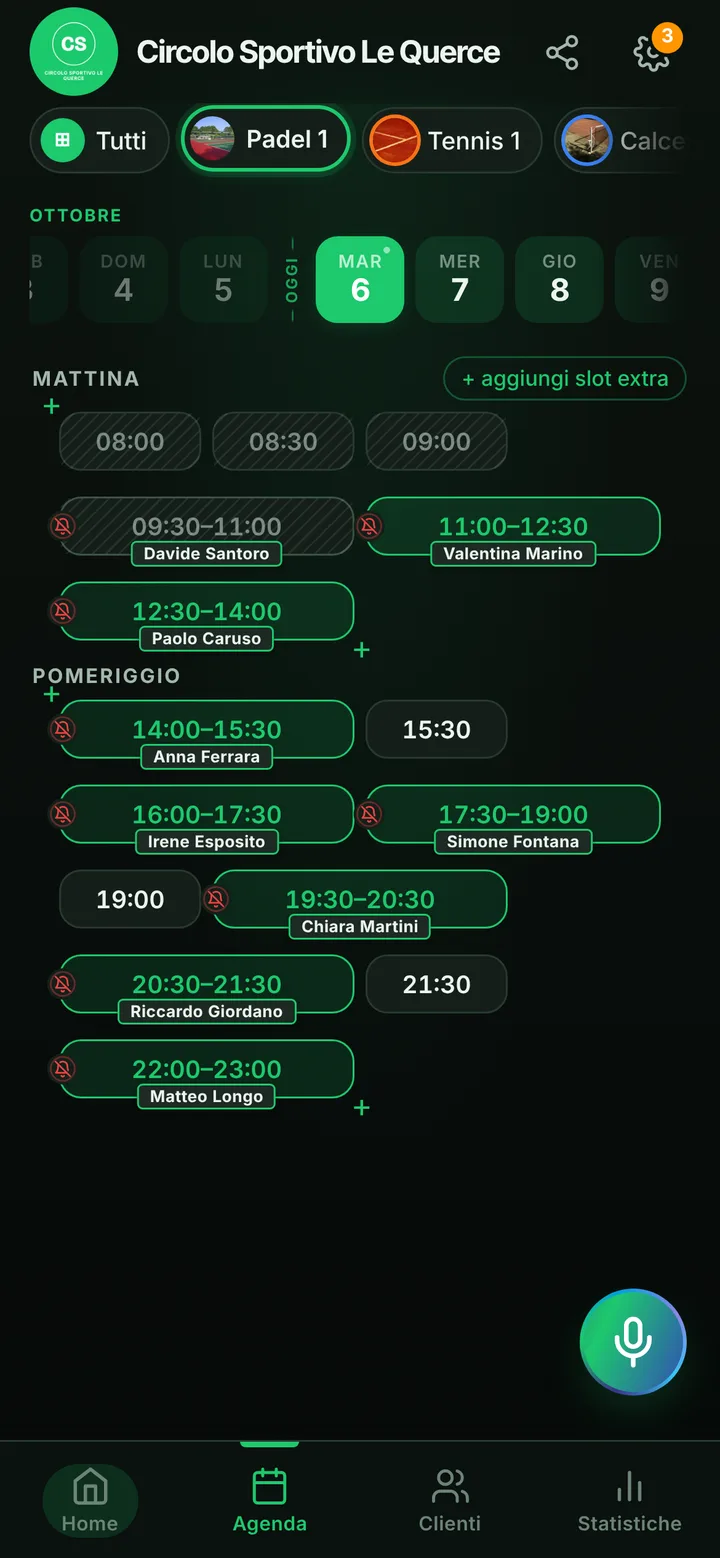 L’agenda del giorno di Circolo Sportivo Le Querce, con gli orari occupati e quelli liberi