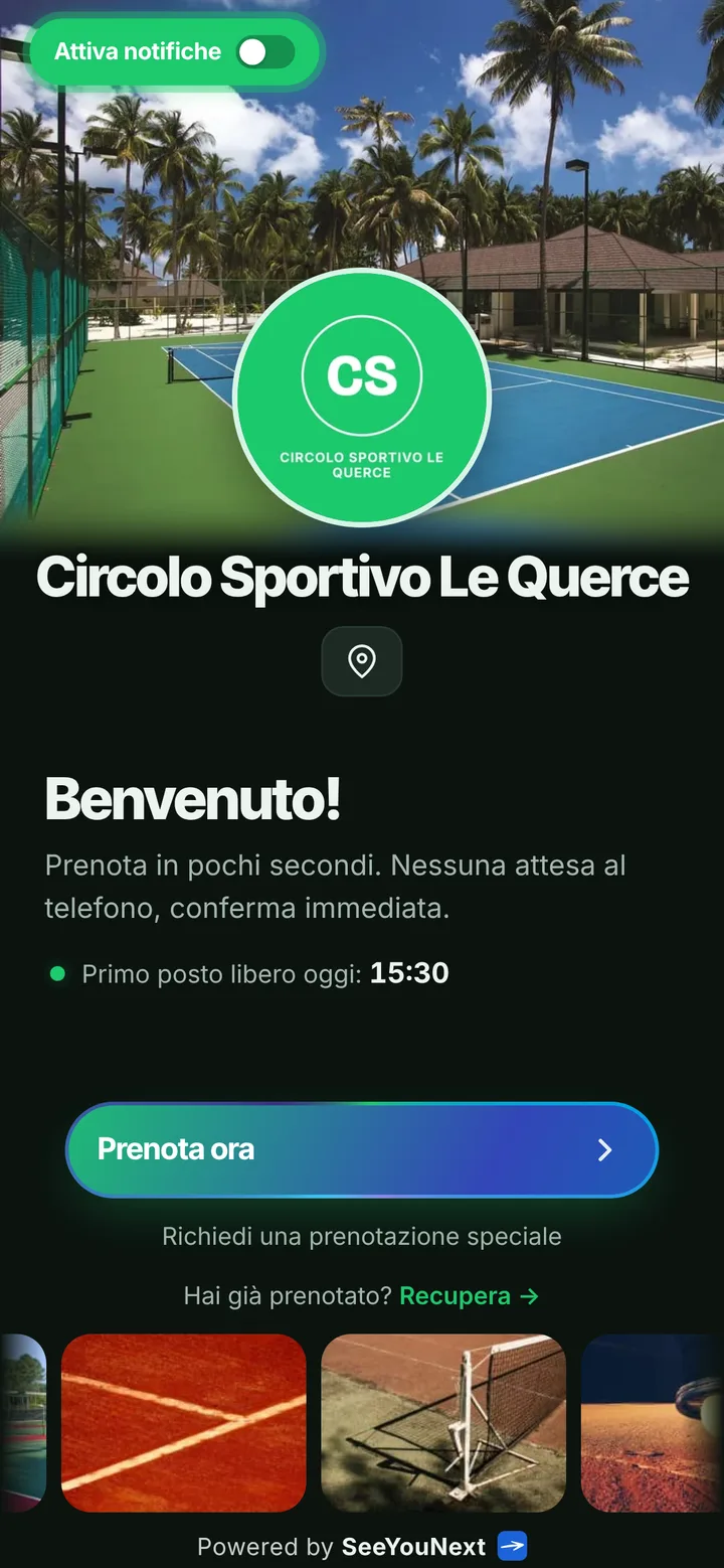 La pagina di prenotazione di Circolo Sportivo Le Querce, attività d’esempio, aperta dal telefono di un cliente