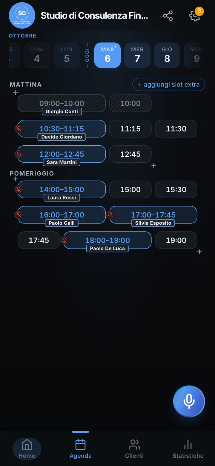 L’agenda del giorno di Studio di Consulenza Finanziaria Costa, con gli orari occupati e quelli liberi