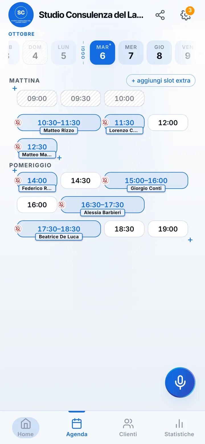 L’agenda del giorno di Studio Consulenza del Lavoro Conti, con gli orari occupati e quelli liberi