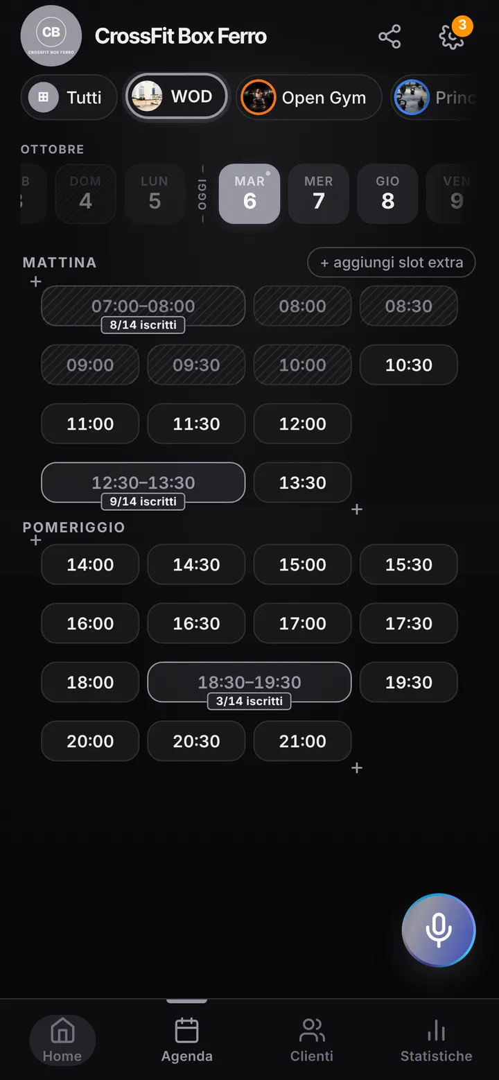 L’agenda del giorno di CrossFit Box Ferro, con gli orari occupati e quelli liberi