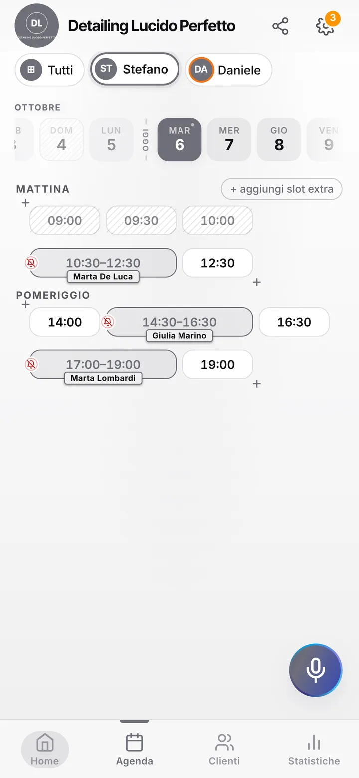 L’agenda del giorno di Detailing Lucido Perfetto, con gli orari occupati e quelli liberi