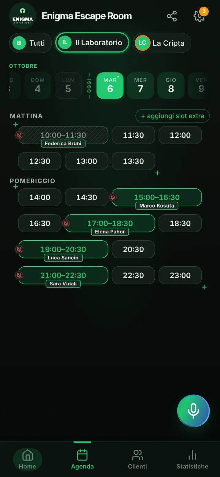 L’agenda del giorno di Enigma Escape Room, con gli orari occupati e quelli liberi