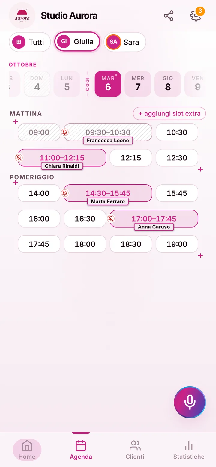 L’agenda del giorno di Studio Aurora, con gli orari occupati e quelli liberi