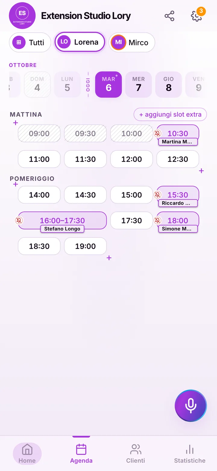 L’agenda del giorno di Extension Studio Lory, con gli orari occupati e quelli liberi