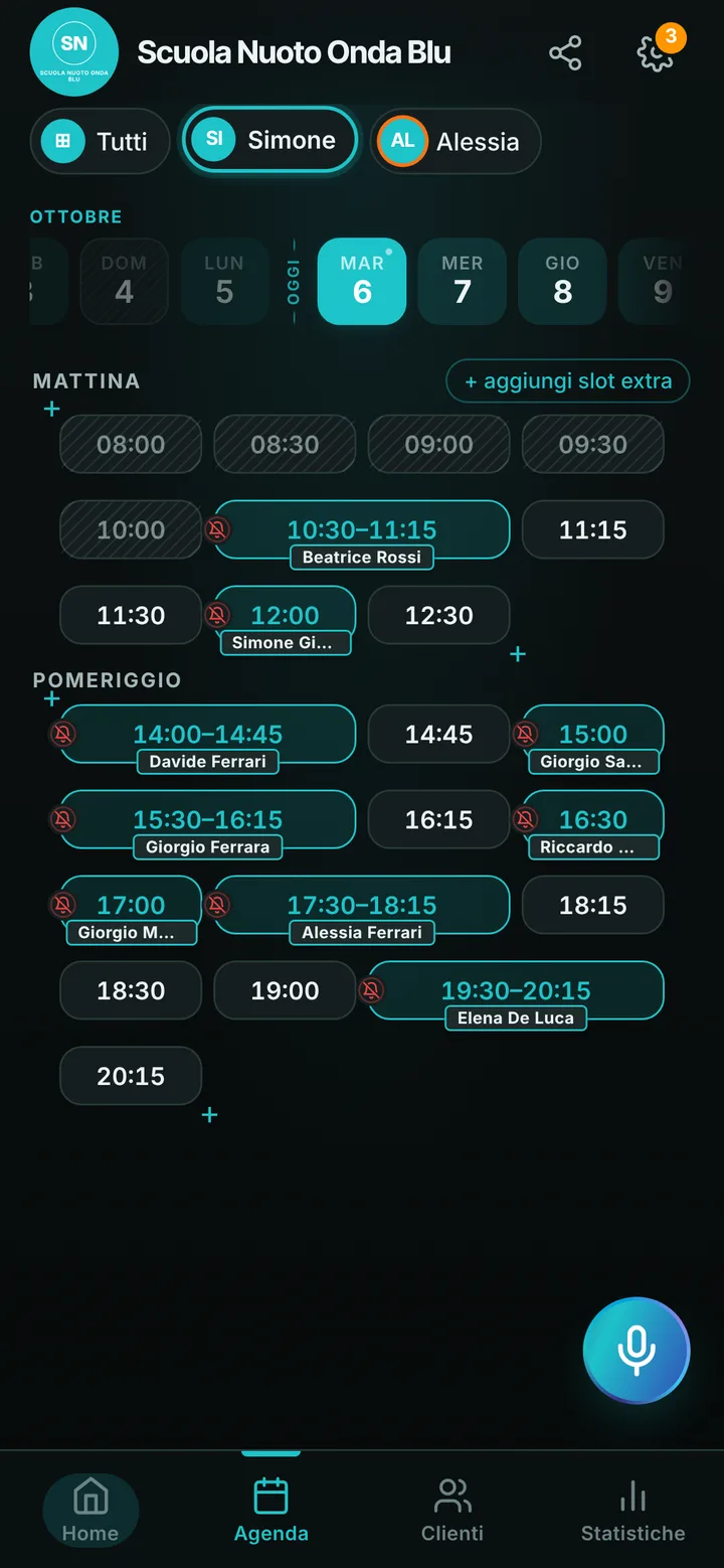 L’agenda del giorno di Scuola Nuoto Onda Blu, con gli orari occupati e quelli liberi