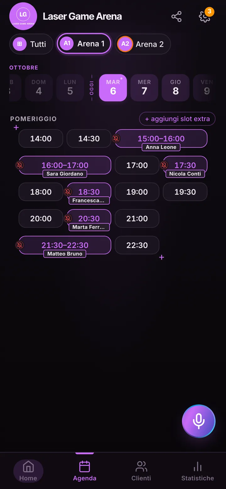 L’agenda del giorno di Laser Game Arena, con gli orari occupati e quelli liberi