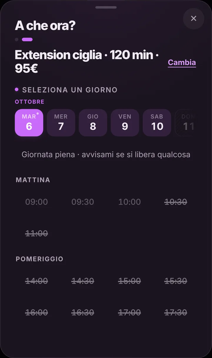 Gli orari liberi del giorno da Lash Room Perla