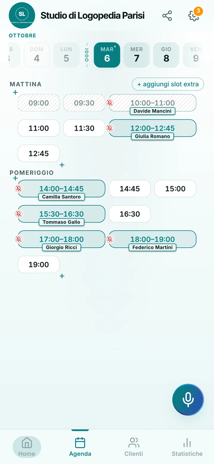 L’agenda del giorno di Studio di Logopedia Parisi, con gli orari occupati e quelli liberi