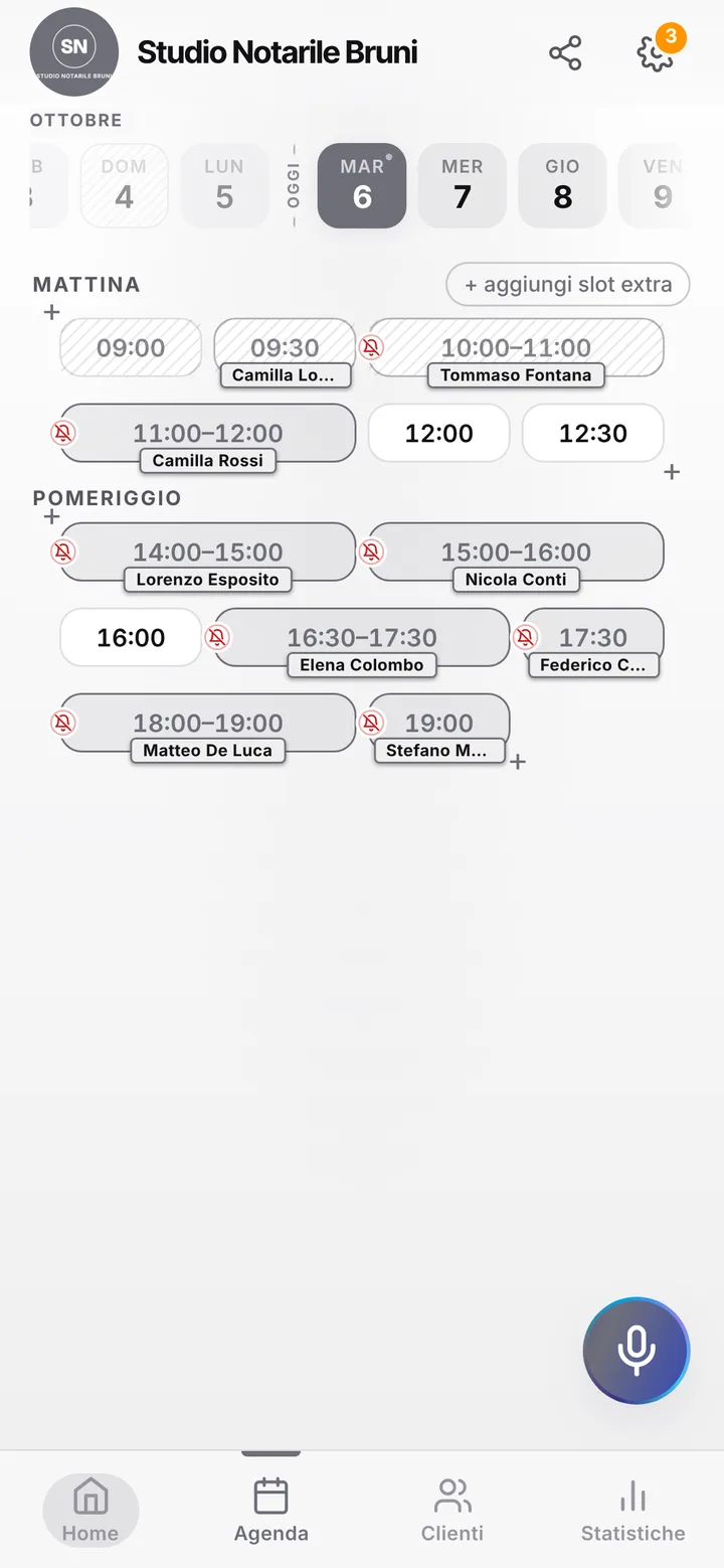 L’agenda del giorno di Studio Notarile Bruni, con gli orari occupati e quelli liberi