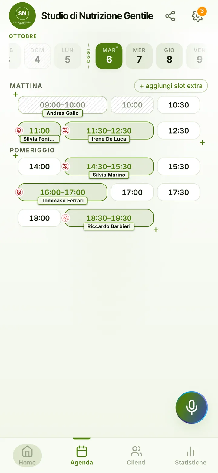 L’agenda del giorno di Studio di Nutrizione Gentile, con gli orari occupati e quelli liberi