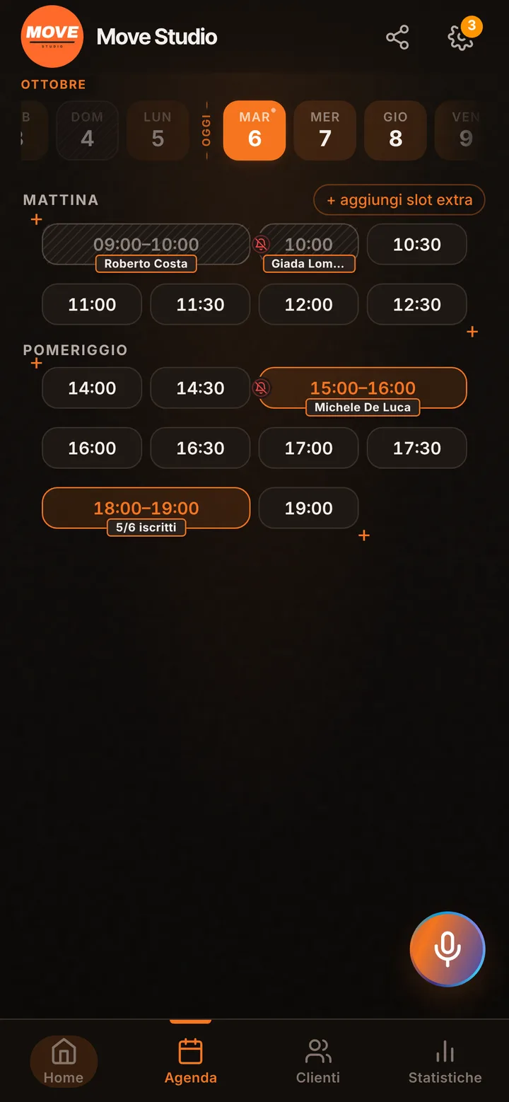L’agenda del giorno di Move Studio, con gli orari occupati e quelli liberi