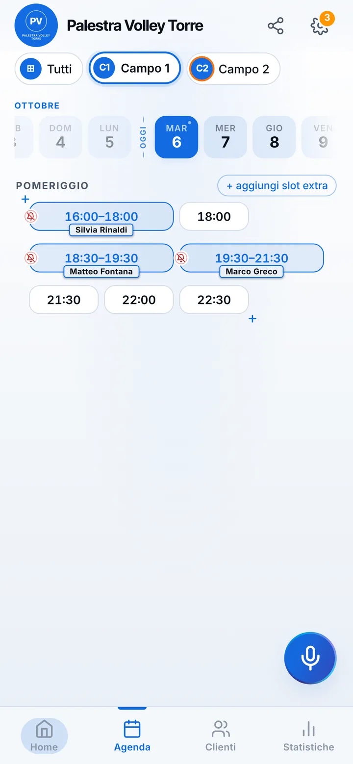 L’agenda del giorno di Palestra Volley Torre, con gli orari occupati e quelli liberi
