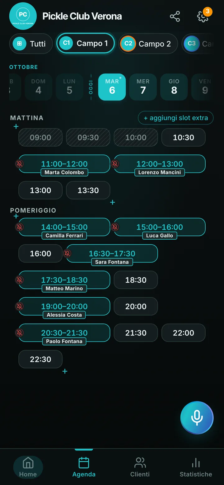 L’agenda del giorno di Pickle Club Verona, con gli orari occupati e quelli liberi