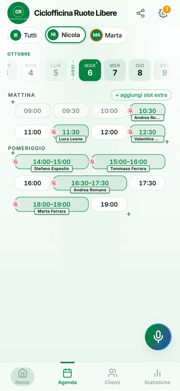 L’agenda del giorno di Ciclofficina Ruote Libere, con gli orari occupati e quelli liberi
