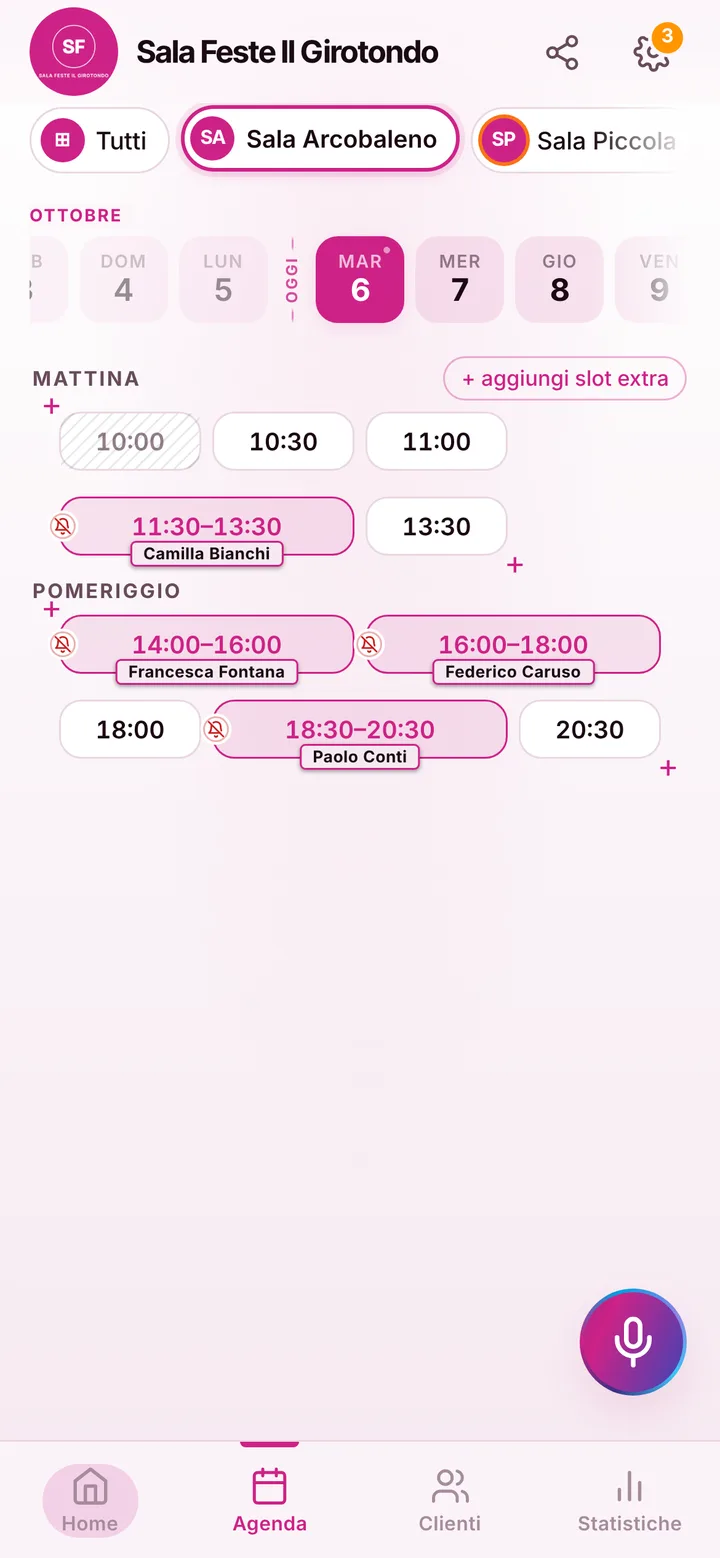L’agenda del giorno di Sala Feste Il Girotondo, con gli orari occupati e quelli liberi