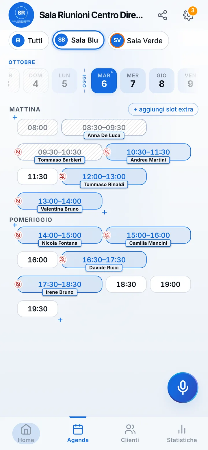 L’agenda del giorno di Sala Riunioni Centro Direzionale, con gli orari occupati e quelli liberi