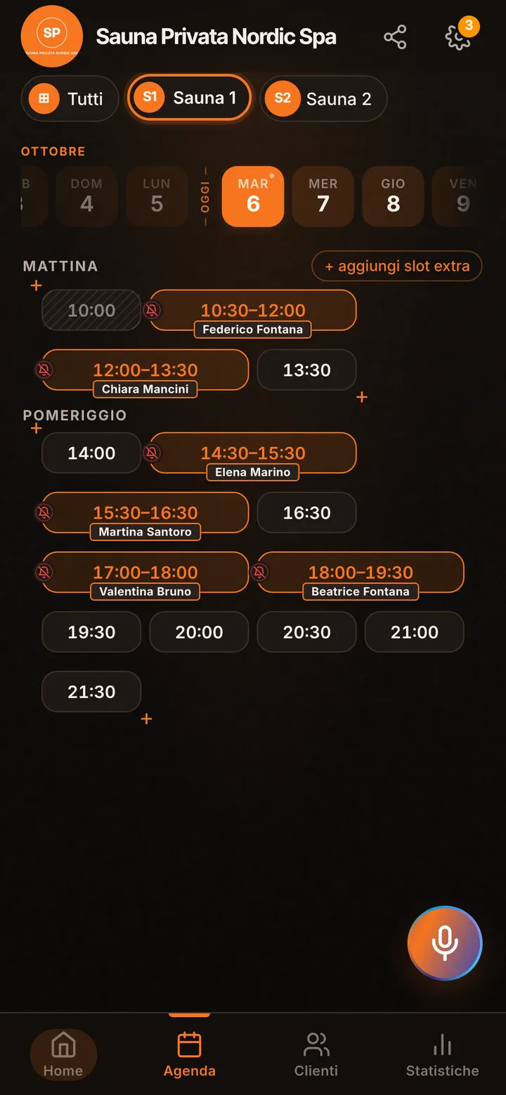L’agenda del giorno di Sauna Privata Nordic Spa, con gli orari occupati e quelli liberi