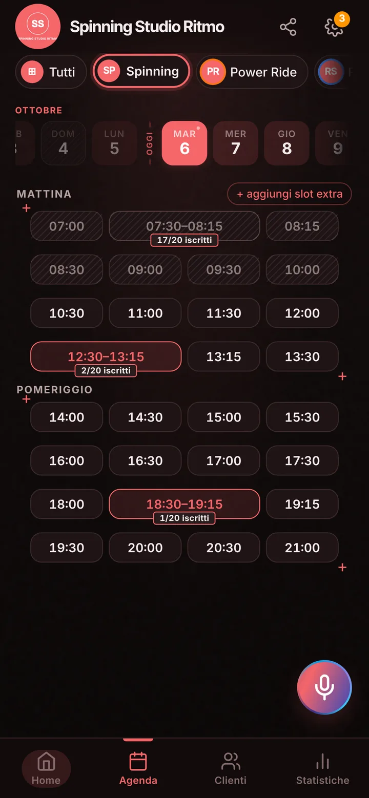 L’agenda del giorno di Spinning Studio Ritmo, con gli orari occupati e quelli liberi