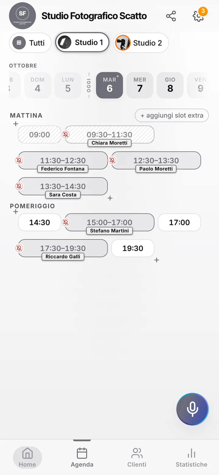 L’agenda del giorno di Studio Fotografico Scatto, con gli orari occupati e quelli liberi