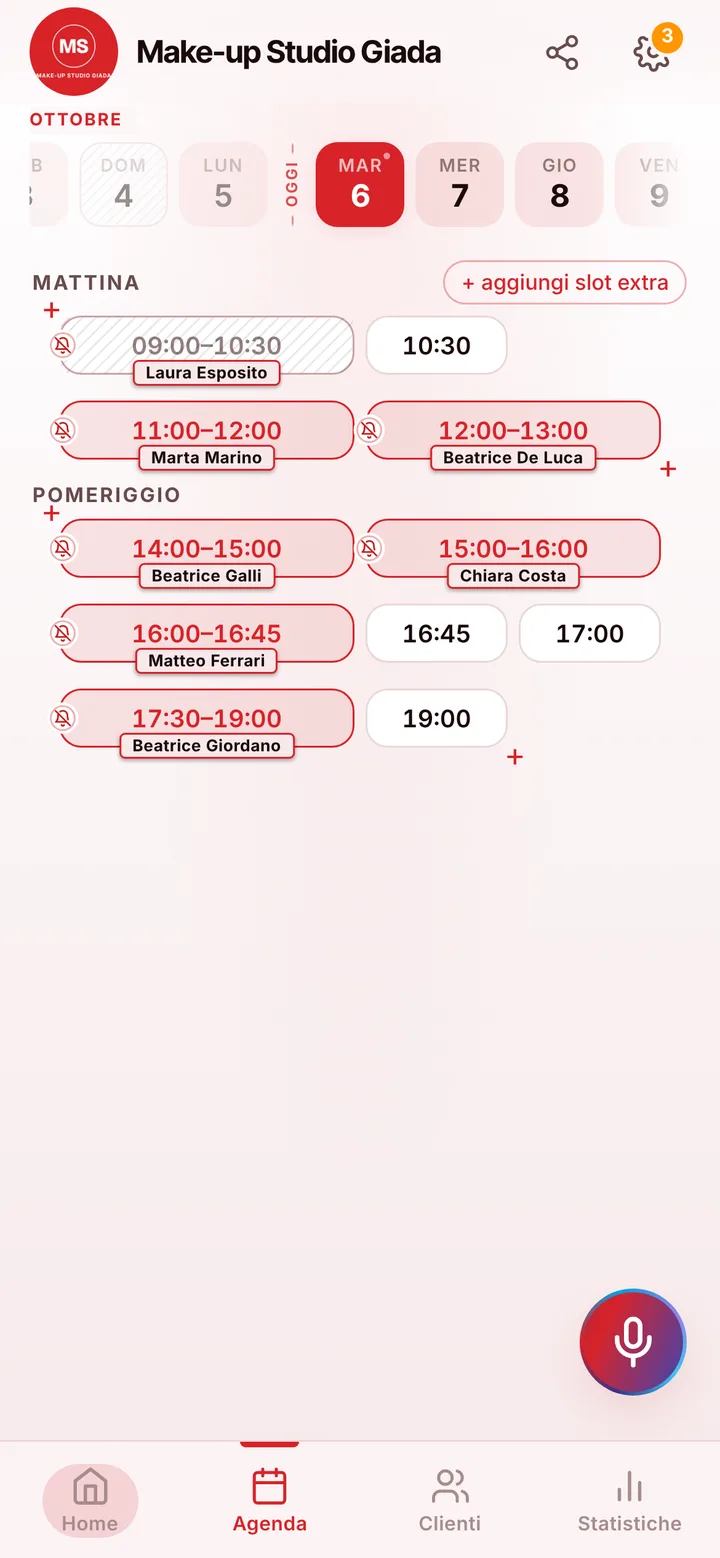 L’agenda del giorno di Make-up Studio Giada, con gli orari occupati e quelli liberi