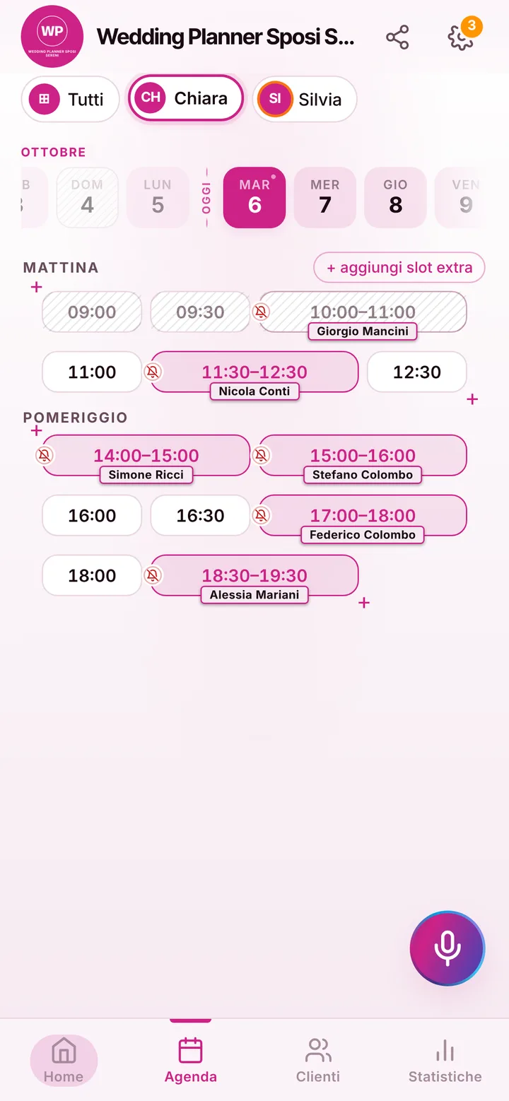 L’agenda del giorno di Wedding Planner Sposi Sereni, con gli orari occupati e quelli liberi